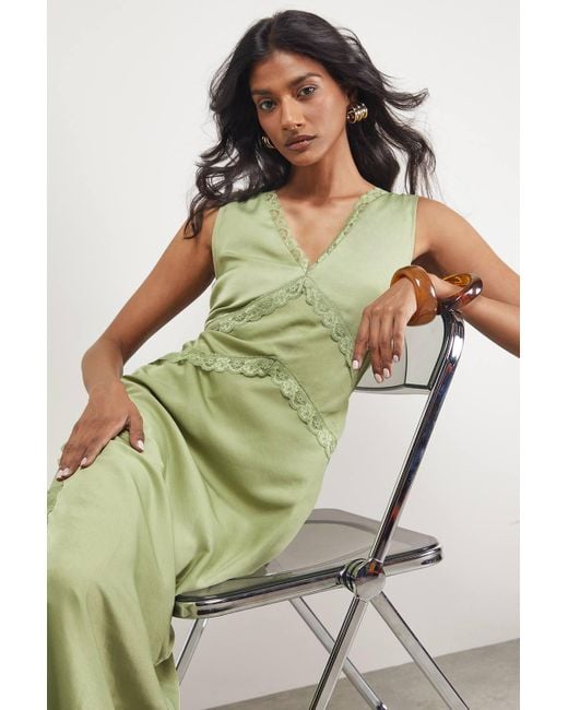 Warehouse Green Satin Contrast Lace Midi Slip Dress