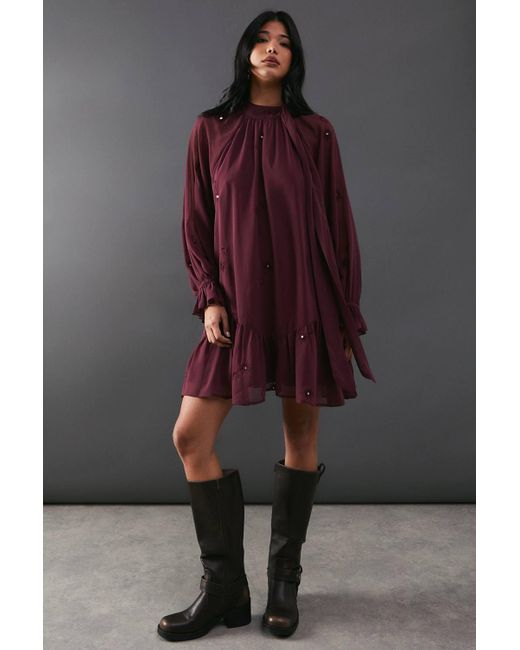 Warehouse Brown Premium Chiffon Tie Neck Moon Embellished Sequin Mini Smock Dress