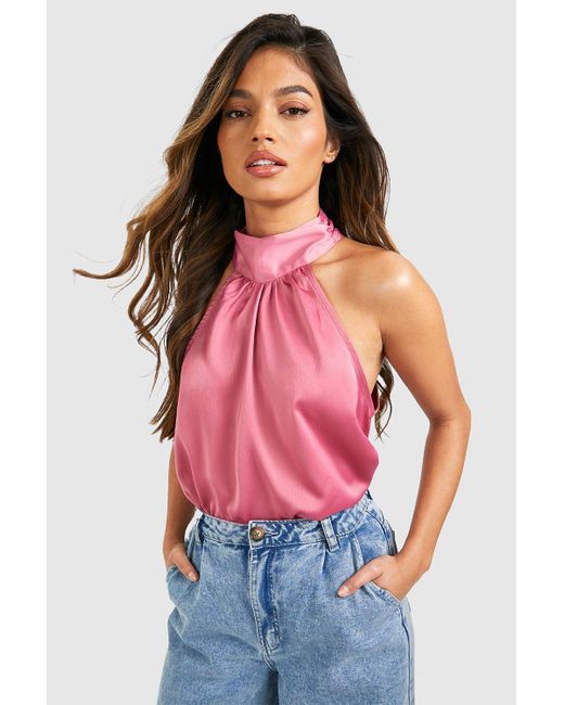 Boohoo Red Satin High Neck Swing Blouse