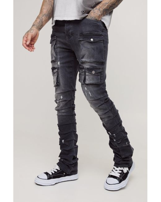 BoohooMAN Black Tall Stacked Multi Cargo Pocket Flared Jeans for men