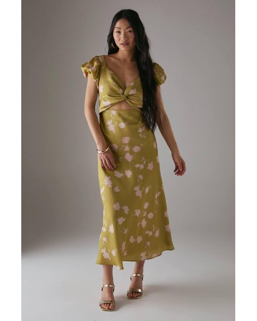 Warehouse Green Petite Satin Knot Front Cut Out Midi Dress