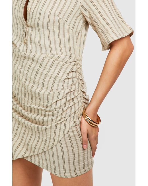 Stripe Wrap Short Sleeve Shirt Dress Boohoo de color Natural