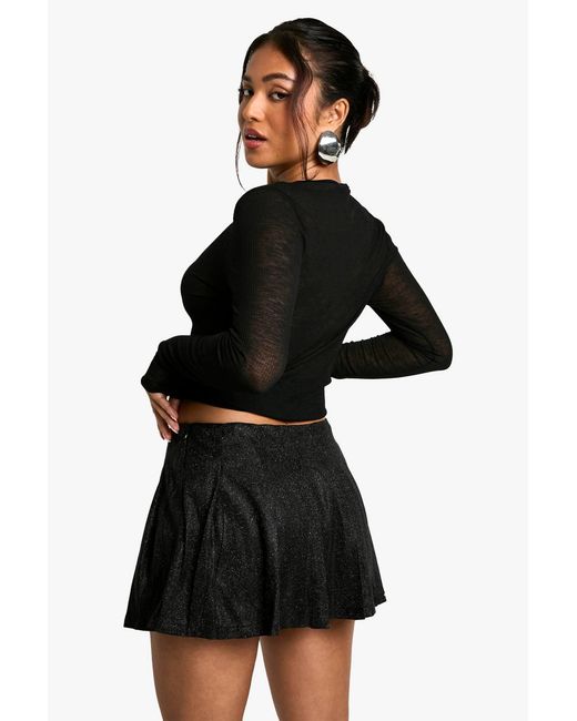 Boohoo Petite Glitter Pleated Micro Mini Skirt in Black | Lyst