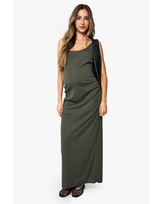 Boohoo Green Maternity Rib Scoop Neck Midaxi Dress