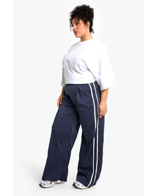 Boohoo Blue Plus Stripe Side Wide Leg Trouser
