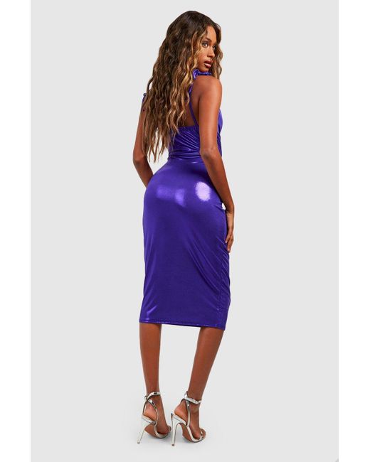 Boohoo Purple Metallic Cowl Neck Midi Dress