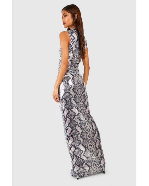 Boohoo Blue Tall Sequin Snake Print High Neck Ruched Side Midaxi Dress