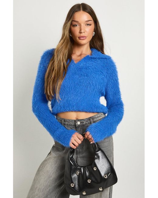 Boohoo Blue Eyelash Knit Collar Detail Crop Jumper