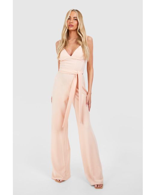 Boohoo Natural Tall Corset Belted Wide Leg Jumpsuit