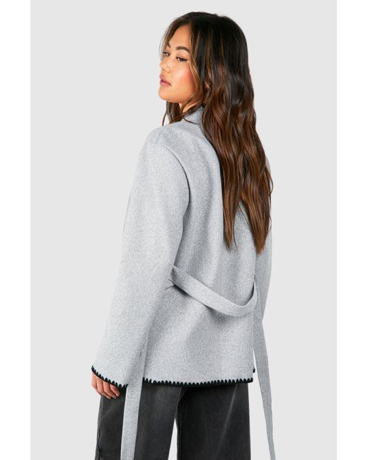 Boohoo Gray Contrast Blanket Stitch Belted Wool Look Coat