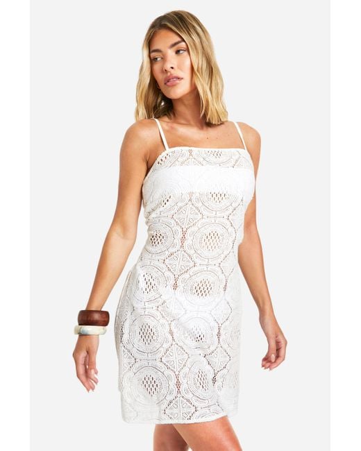 Crochet Tie Back Strappy Mini Dress Boohoo de color White