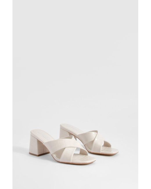 Boohoo Natural Wide Fit Crossover Croc Strap Block Heeled Mules