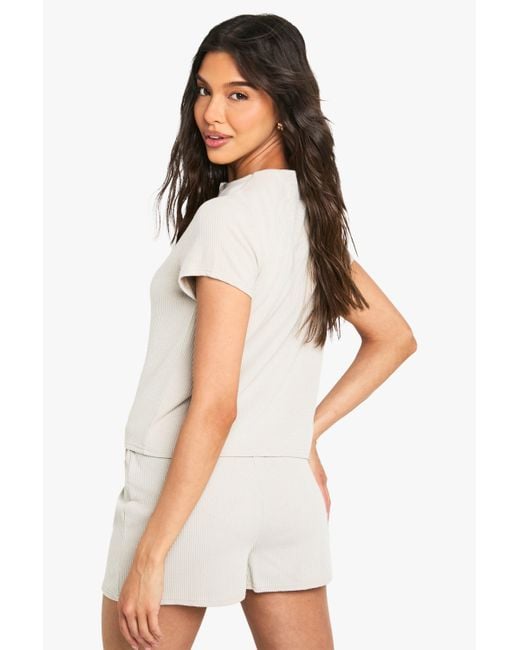 Boohoo White Rib Short Sleeve Button Through Top And Set