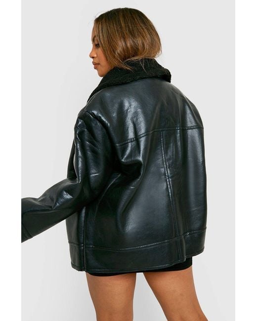 Boohoo Black Plus Borg Collar Aviator Jacket