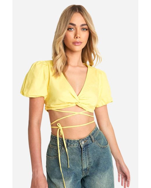 Boohoo Puff Sleeve Knot Front Crop Top in Yellow | Lyst