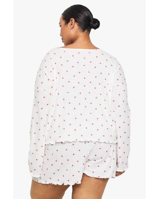 Boohoo White Plus Rib Floral Button Down Top & Short Pj Set