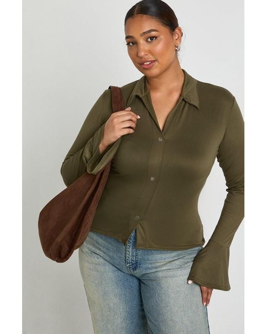 Boohoo Green Plus Collared Button Down Long Sleeve Top