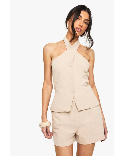 Boohoo Natural Linen Cross Halterneck Waistcoat