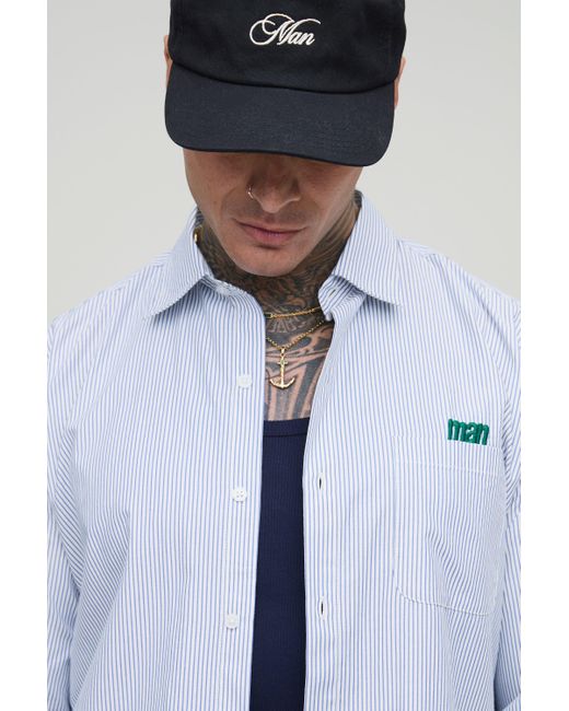 BoohooMAN Tall gestreiftes besticktes Oversize Hemd mit langen Ärmeln in Blue für Herren
