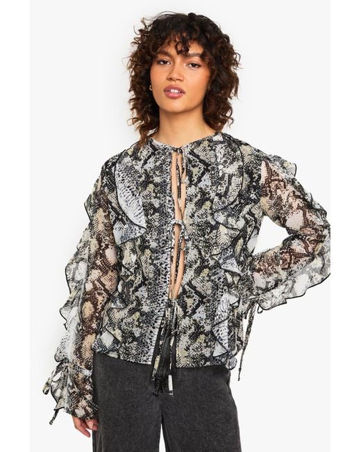 Boohoo Black Snake Print Chiffon Tie Front Blouse