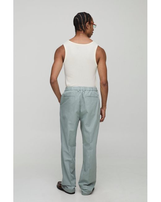 Boohoo Blue Straight Fit Linen Blend Crease Front Trouser