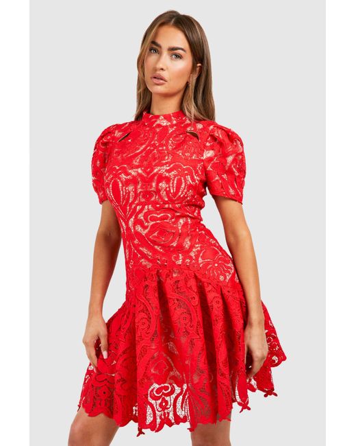Premium Crochet Lace Puff Sleeve Mini Dress Boohoo de color Red