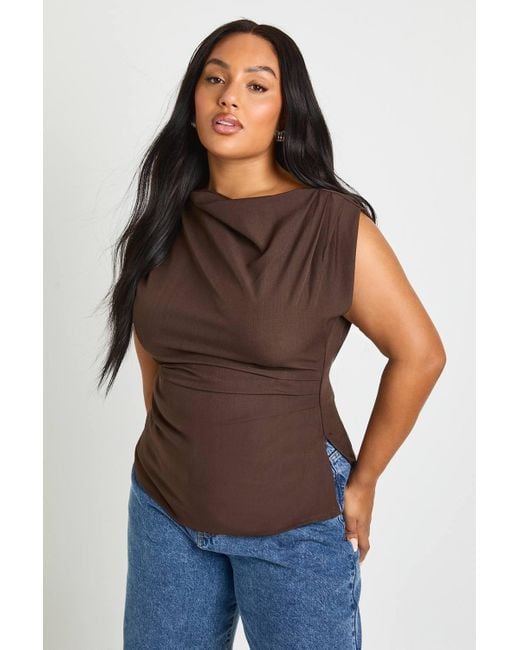 Boohoo Blue Plus Cowl Front Asymmetric Top