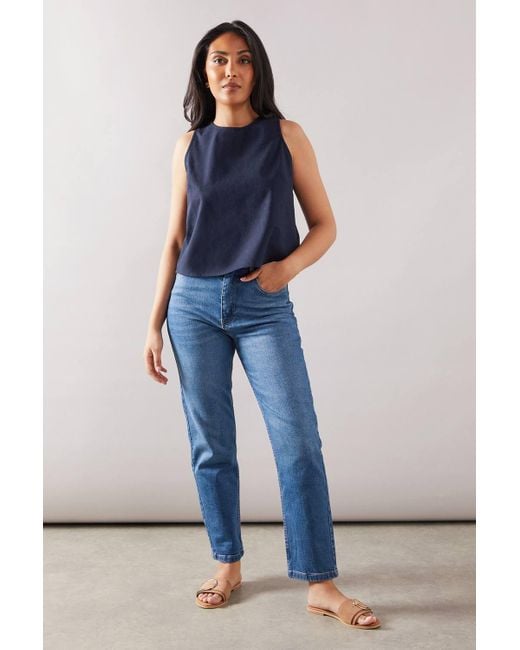 Wallis Blue Petite Button Back Linen Top