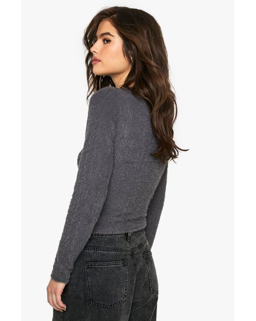 Boohoo Gray Fluffy Twist Front Long Sleeve Top