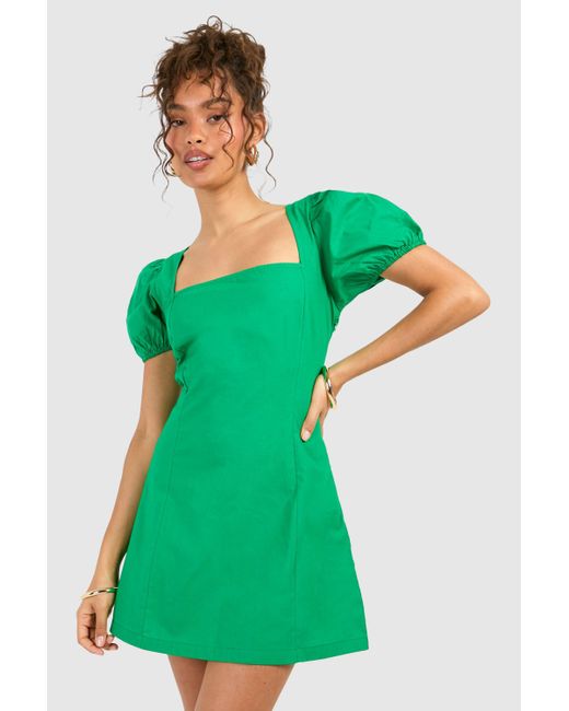 Boohoo Green Cotton Puff Sleeve Mini Dress