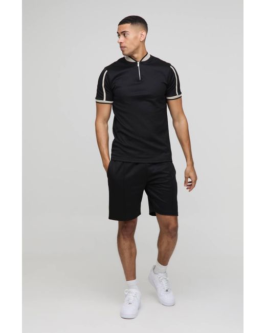 Boohoo Blue Slim Fit Pique Interlock Bomber Neck Polo Shirt Smart Short Set