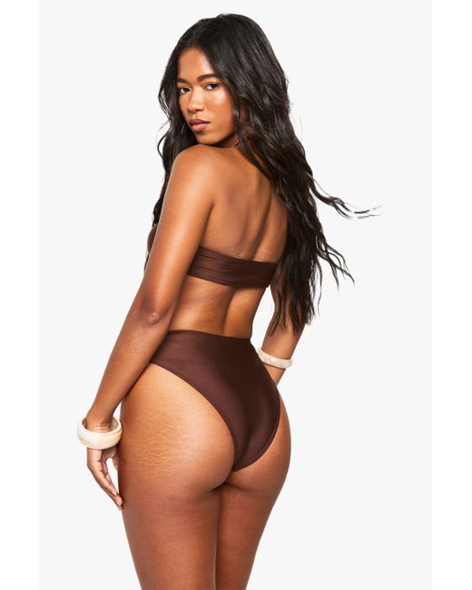 Boohoo Brown Shell Trim Bandeau Bikini Top & High Waist Bottoms Set