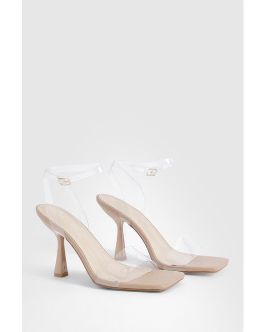 Boohoo Brown Wide Fit Clear Strap Square Toe Heeled Mules