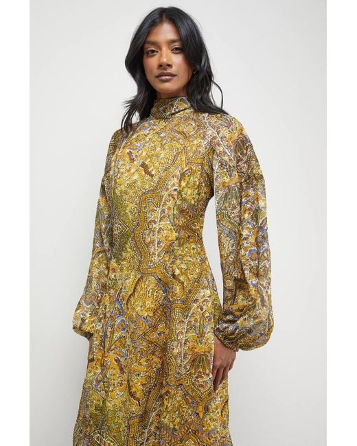 Warehouse Women's Metallic Paisley Burnout Spot High Neck Godet Midi Dress