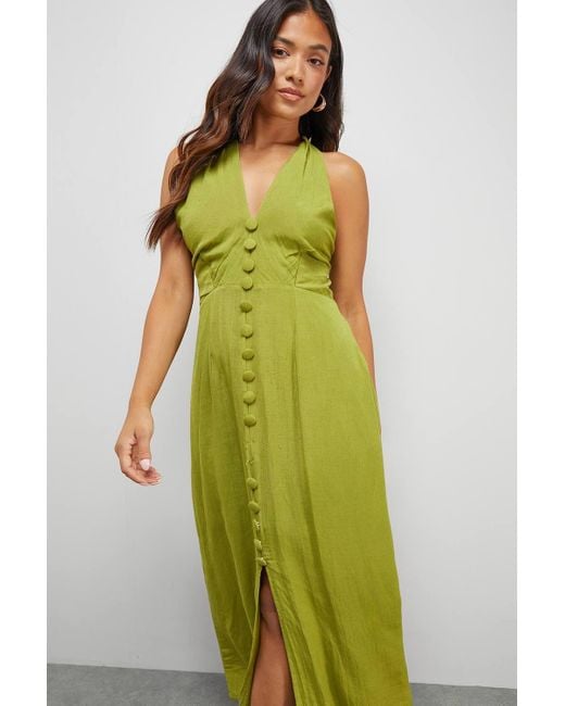 Warehouse Green Petite Linen Cross Front Halter Midi Dress
