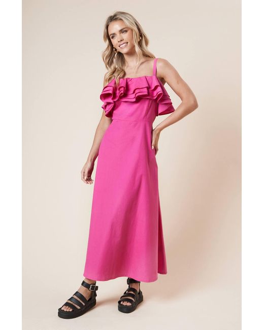 Dorothy Perkins Pink Petite Tiered Frill Neckline Poplin Maxi Dress