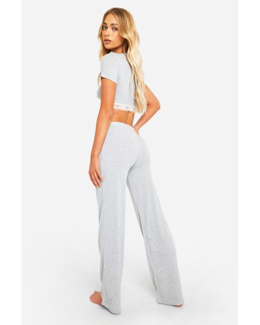 Boohoo White Lace Trim Top And Trouser Set