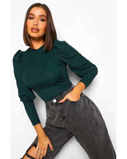 rib puff sleeve top