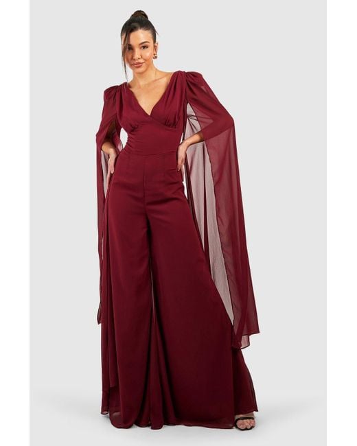 Boohoo Red Cape Detail Plunge Wide Leg Jumpsuit