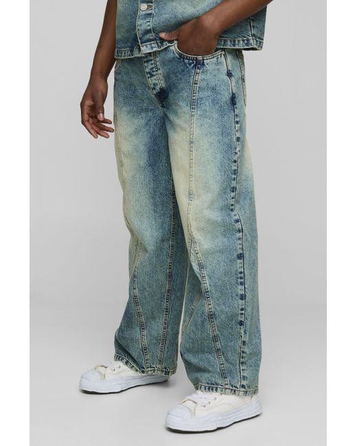BoohooMAN Blue Rigid Baggy Fit Washed Jeans for men