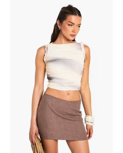 Boohoo Multicolor Mesh Marble Print Ruched Frill Shoulder Crop Top