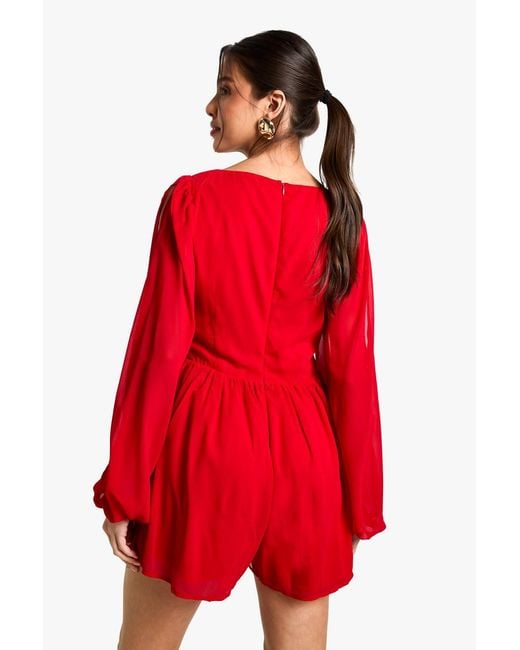 Boohoo Red Chiffon Split Sleeve Playsuit