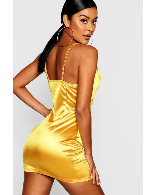 yellow satin bodycon dress