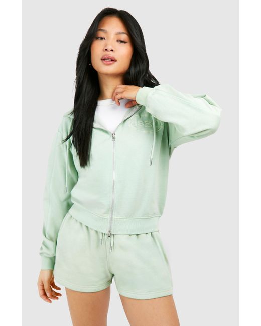 Boohoo Green Petite Dsgn Embroidered Hoodie Washed Short Tracksuit