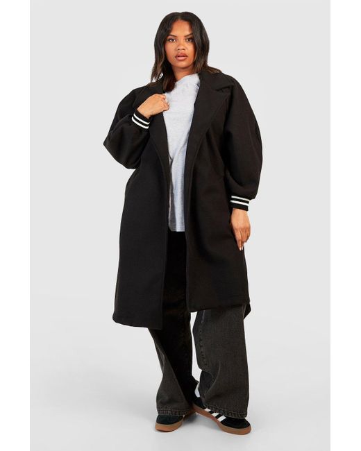 Boohoo Black Plus Wool Look Belted Contrast Stripe Coat