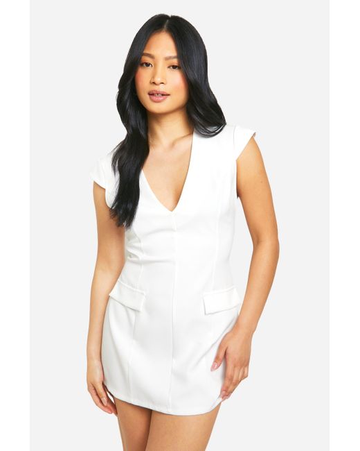 Boohoo White Petite Tailored Plunge Cap Sleeve Mini Dress