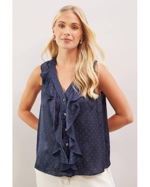 Wallis Blue Petite Hotfix Ruffle Sleeveless Blouse
