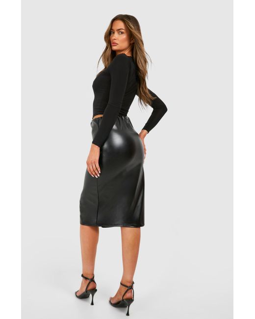 Boohoo Black Leather Look Split Midi Skirt