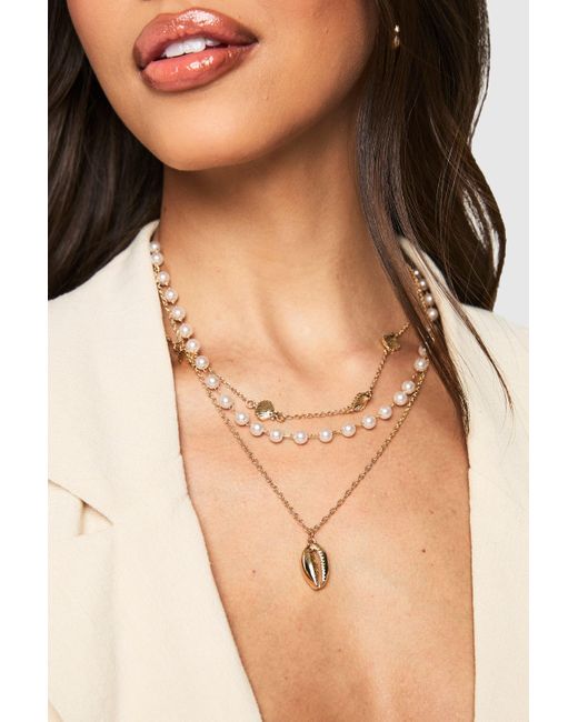 Boohoo Natural Ocean And Pearl Layered Necklace
