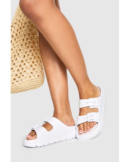 Boohoo White Wide Fit Double Strap Buckle Sliders
